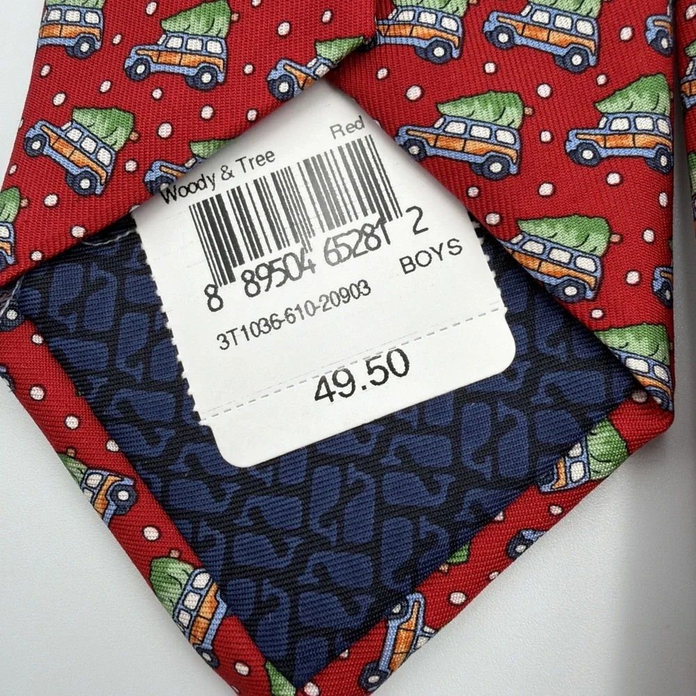 Vineyard Vines Boys Necktie Christmas Tree on Woody Station Wagon 100% Silk NEW